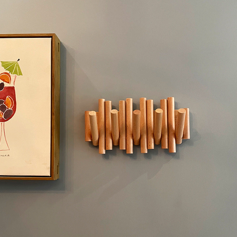 Solid Wood Folding Clothes Rack – Punch-Free Wall Hook for Entrance or Door