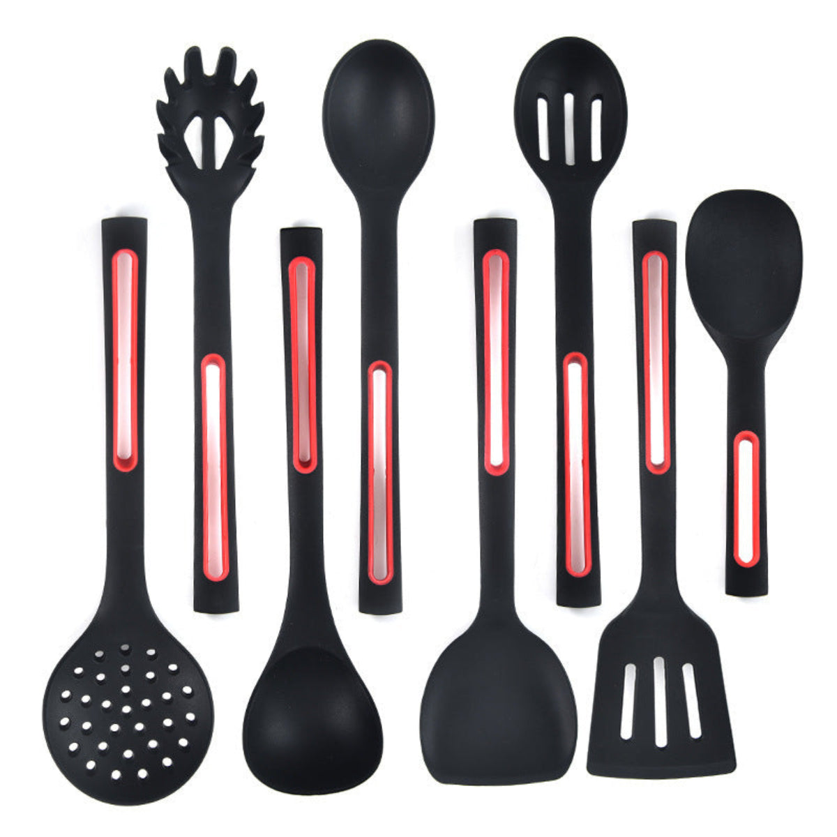 Set of black kitchen utensils with red accents on a white background